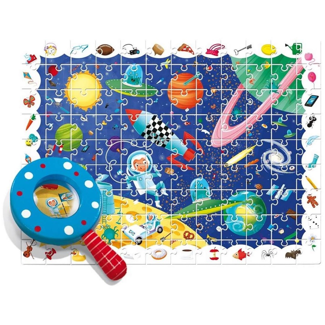 LUDATTICA DETECTIVE PUZZLE – 108 Piezas: EN EL ESPACIO  Con Lupa De Madera 1 Con Logo